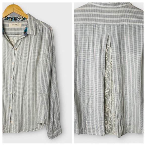 🔥🔥🔥Anthropologie Isabella Sinclair Button Down Lace Inset Split Back Top L - Picture 1 of 10